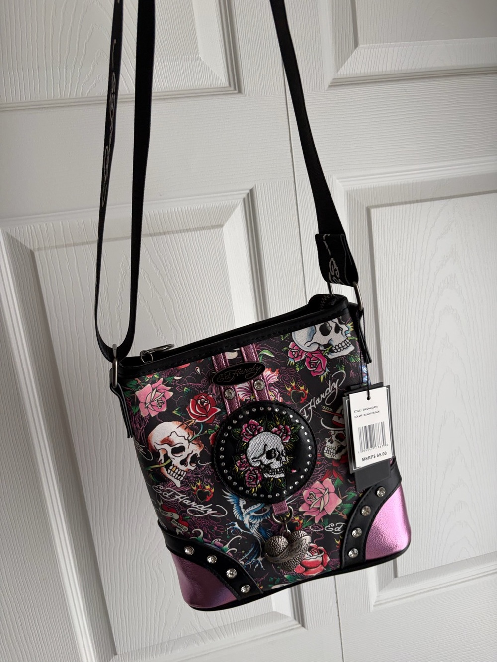 Ed Hardy Black & Purple Skull Rose Studded Crossbody Bag